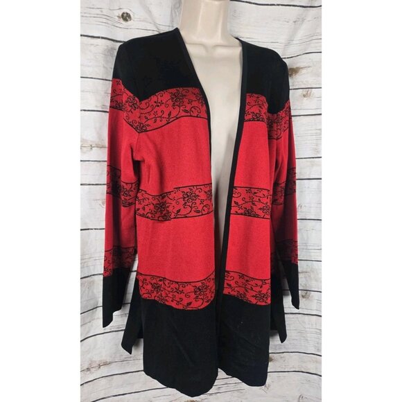 Exclusively Misook Red Floral Jacket Cardigan L Womens Open Long Sleeves - Picture 2 of 6